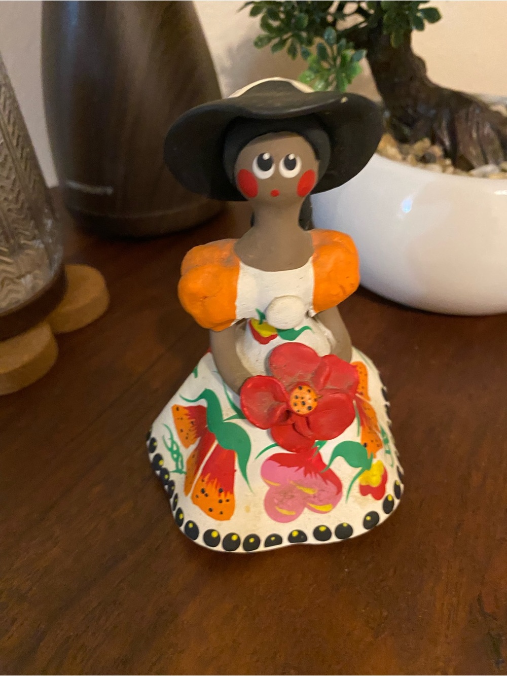 Hand-Painted Ceramic Figurine in Black, Orange, Red and White. Vintage